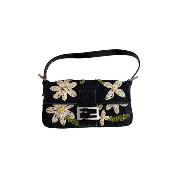 Fendi Handbags - Vintage Fendi raffia raffia embroidered denim baguette